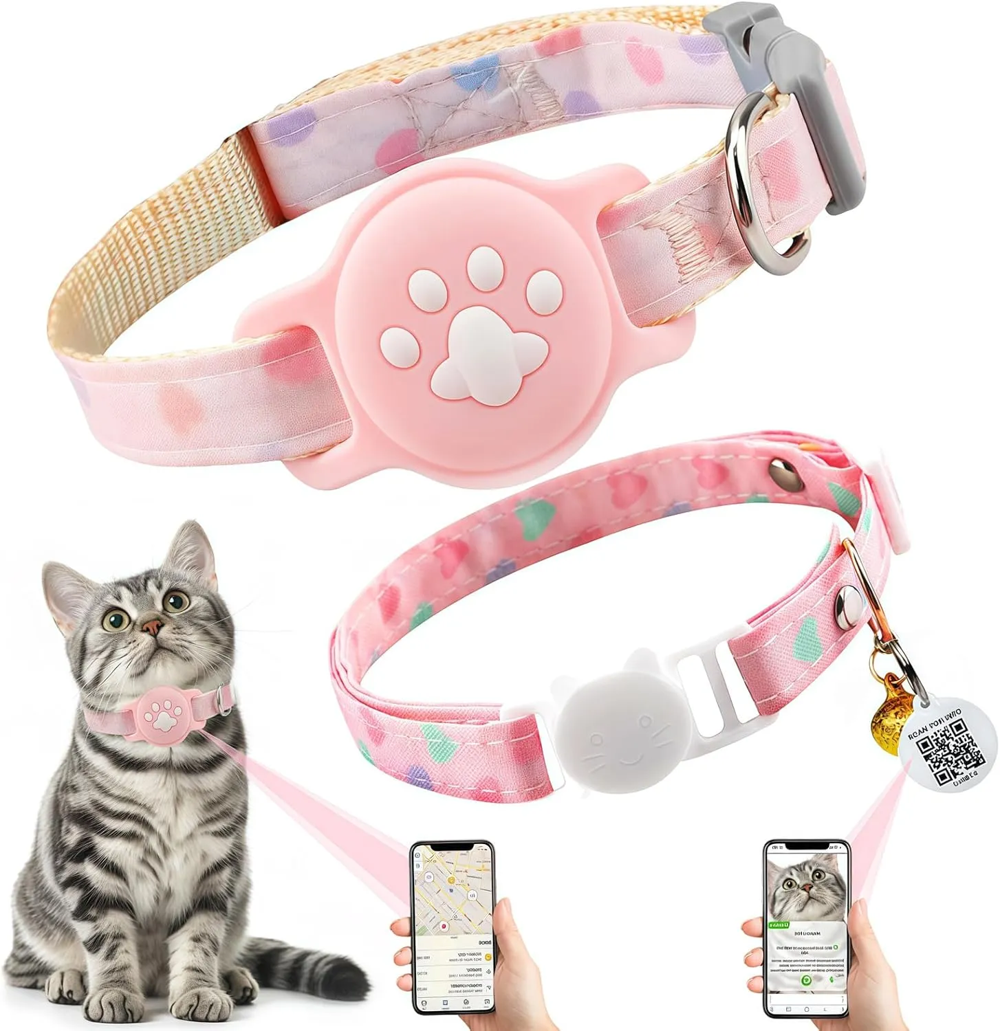 2-Pack Airtag Cat Collar with Airtag Holder&QR Tag Breakaway Kitten Collar with Bell, Air Tag Cat Collar GPS Tracker for Girl Cats Boy Cats Pink