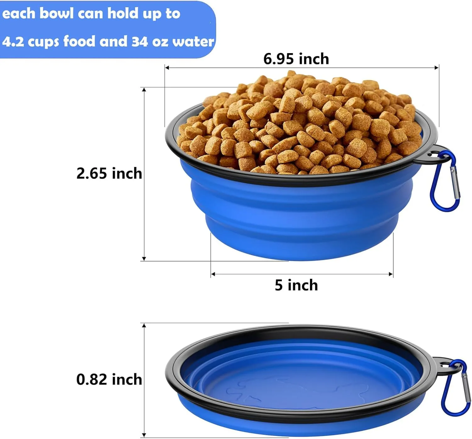 2 Pack Collapsible Dog Bowl Travel Portable Pet Bowls [34oz,1000ml],Expandable Foldable Food Water Feeding Dishes for Traveling Hiking Walking,with Carabiners [Black,Blue]