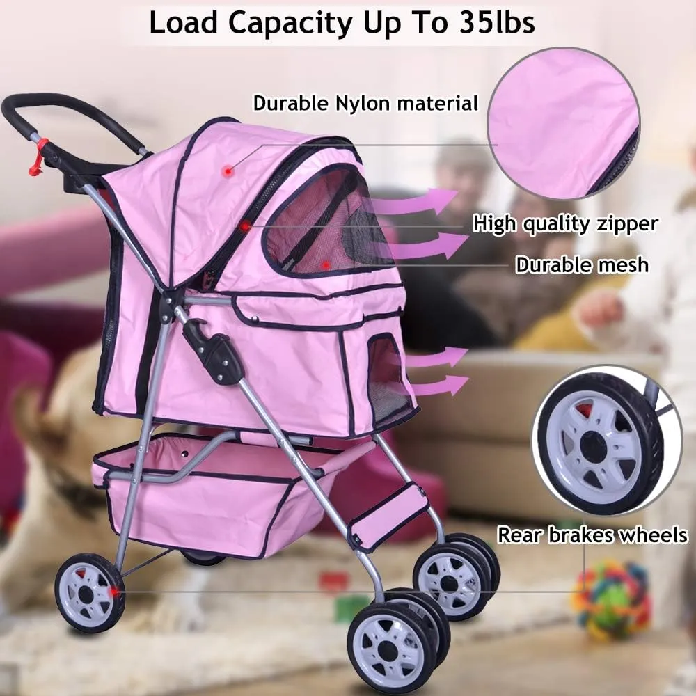 4 Wheels Pet Stroller Cat Dog Cage Stroller Travel Folding Carrier with Cup Holders and Removable Liner for Small-Medium Dog, Cat (Pink)