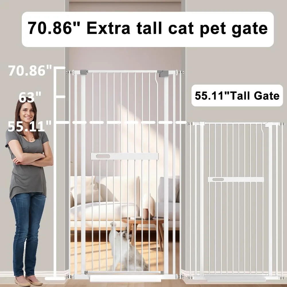 71 inch Extra Tall Cat Pet Gate, 30.7"-45.27" Wide Gate for Cats, Pressure Mounted No Drilling Pet Gate Walk Through Indoor for Doorways, White