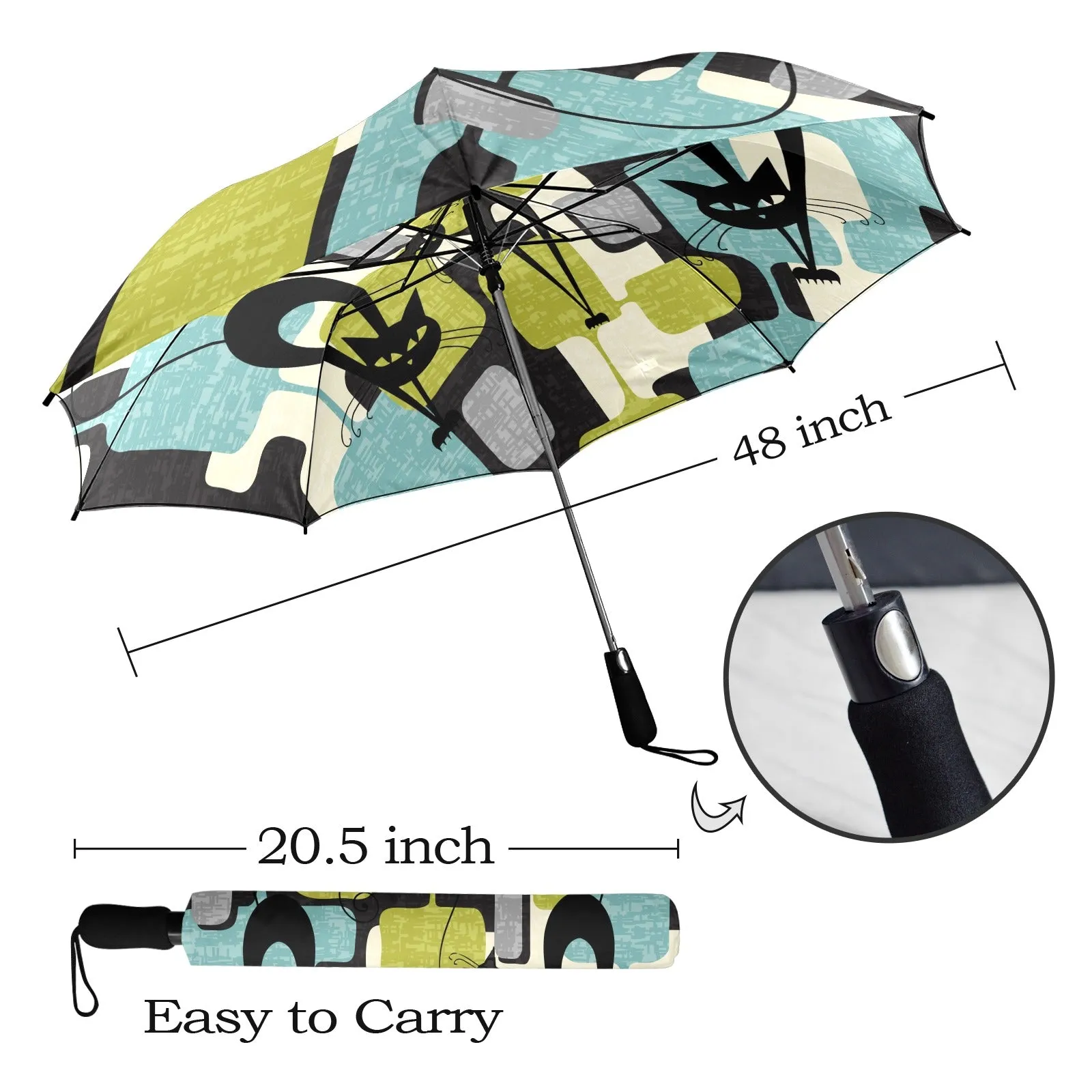 Atomic Cat Mid Century Modern Foldable Umbrella, Retro Geometric 50s Kitsch Travel Rain Gear