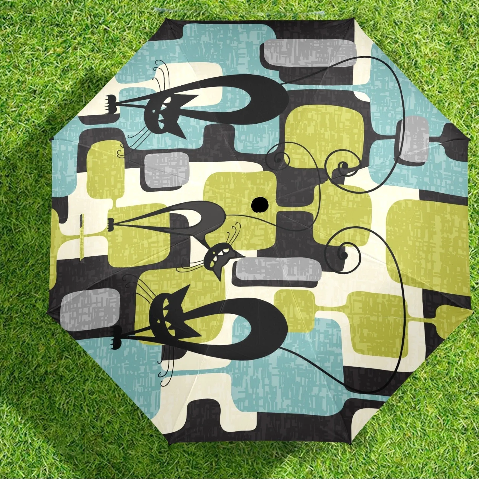 Atomic Cat Mid Century Modern Foldable Umbrella, Retro Geometric 50s Kitsch Travel Rain Gear