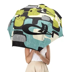 Atomic Cat Mid Century Modern Foldable Umbrella, Retro Geometric 50s Kitsch Travel Rain Gear