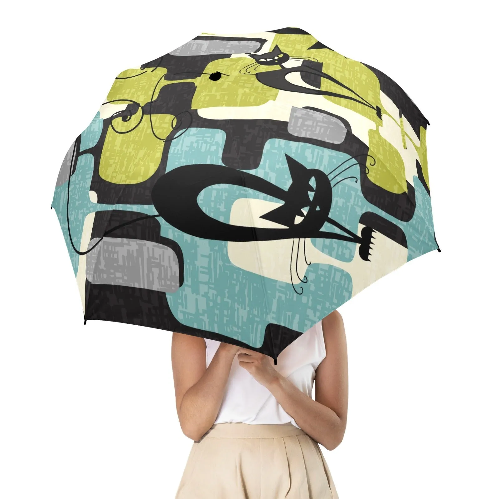 Atomic Cat Mid Century Modern Foldable Umbrella, Retro Geometric 50s Kitsch Travel Rain Gear