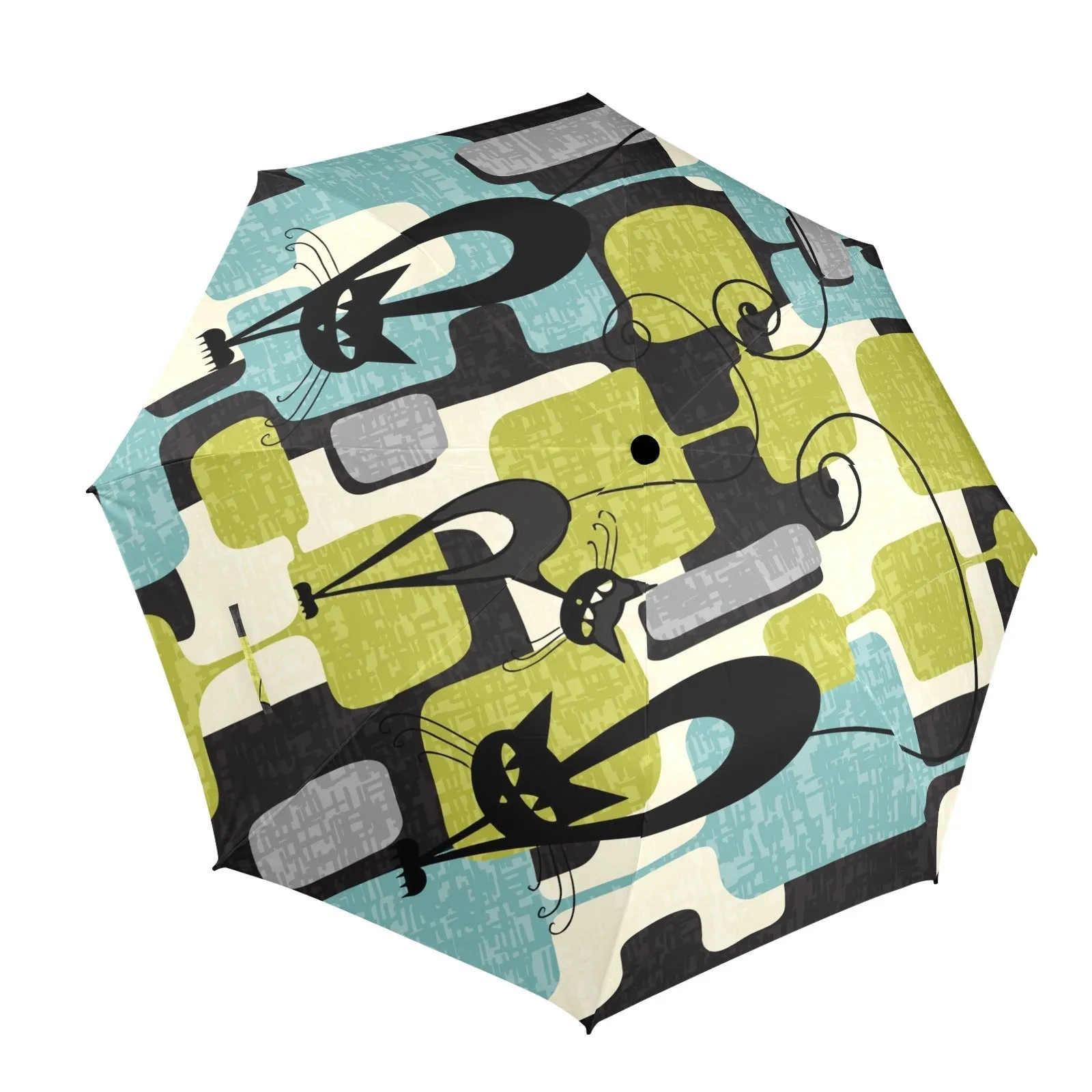 Atomic Cat Mid Century Modern Foldable Umbrella, Retro Geometric 50s Kitsch Travel Rain Gear