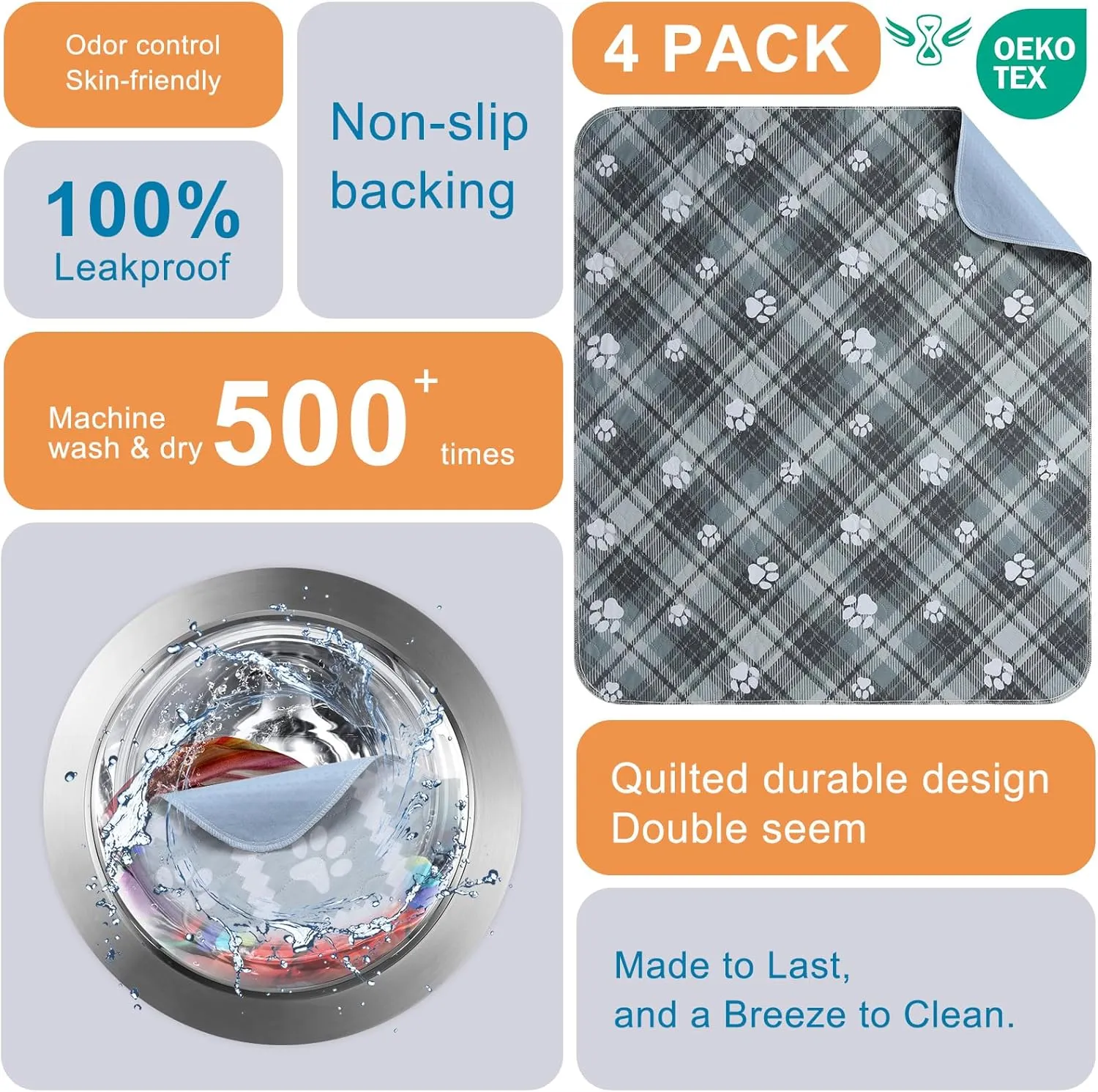 BEAUTYZOO Washable Pee Pads for Dogs, 4 Pack Reusable Puppy Pads, Super Absorbent Dog Pee Pads for Pet Training, Housebreaking and Incontinence, Non-Slip Potty Pads for Floor, Crate, Couch, 36" x 41"