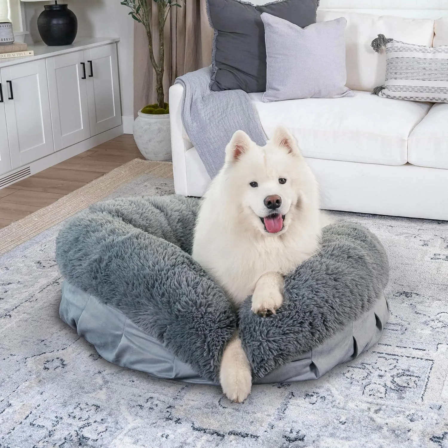 Best Friends by Sheri Ultra Calming Pouf Bed, Orthopedic Round Dog Bed for Joint Support, Faux Fur, Washable Cover, Tan, Large, 36"x36"