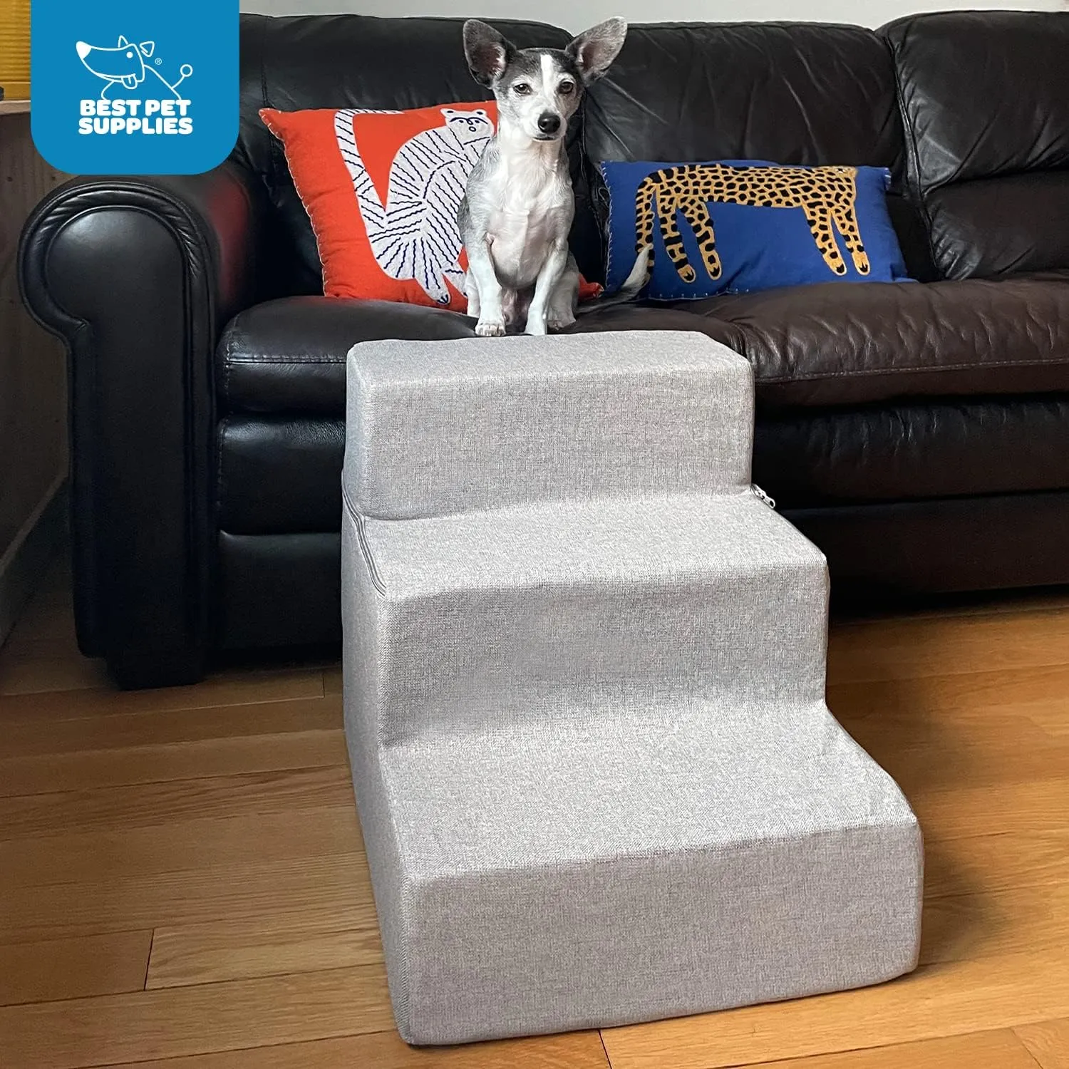Best Pet Supplies Foldable Foam Pet Steps for Small Dogs and Cats, Portable Ramp Stairs for Couch, Sofa, and High Bed Climbing, Non-Slip Balanced Indoor Step Support, Paw Safe - Ash Gray Linen,3-Step