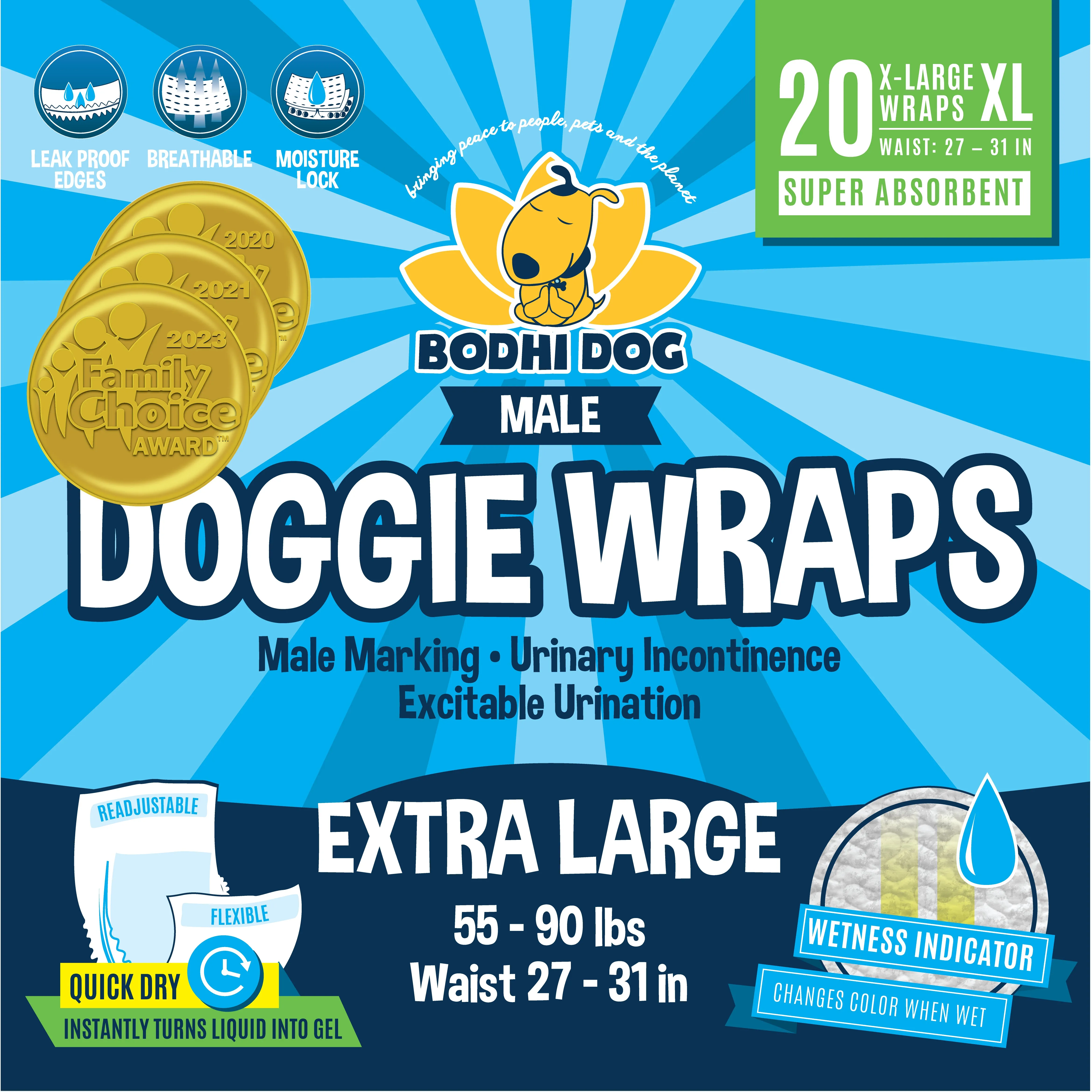 Bodhi Dog Disposable Male Dog Diapers | Super Absorbent Leak-Proof Fit | Premium Adjustable Male Dog Pee Wraps with Moisture Control & Wetness Indicator | Extra Small – Extra Large