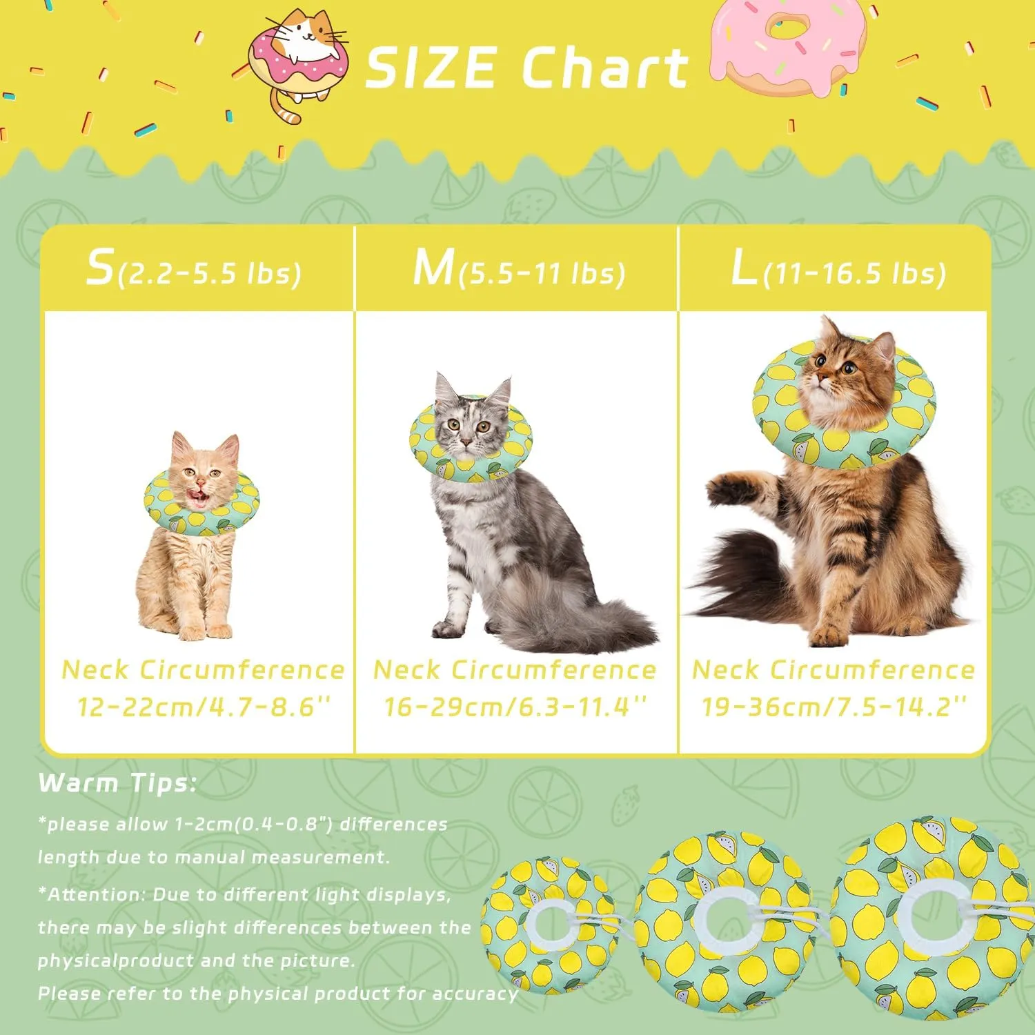Cat Cone Collar Soft, Adjustable Cat Recovery Collars to Prevent Licking, Cute Donut E Collar After Surgery, Wound Healing Elizabethan Collar for Kittens(Green Lemon, Large)