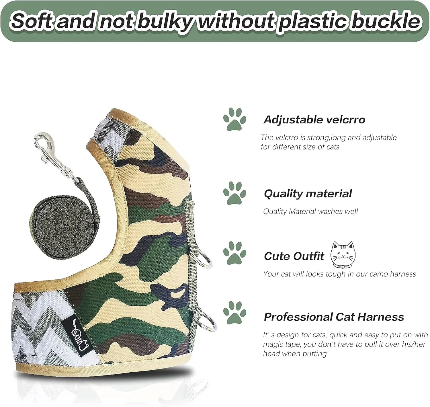 Cat Harness and Leash Set for Walking Escape Proof, Adjustable Cat Vest Harness, Padded Stylish Cat Walking Jackets, Camo Green, Medium