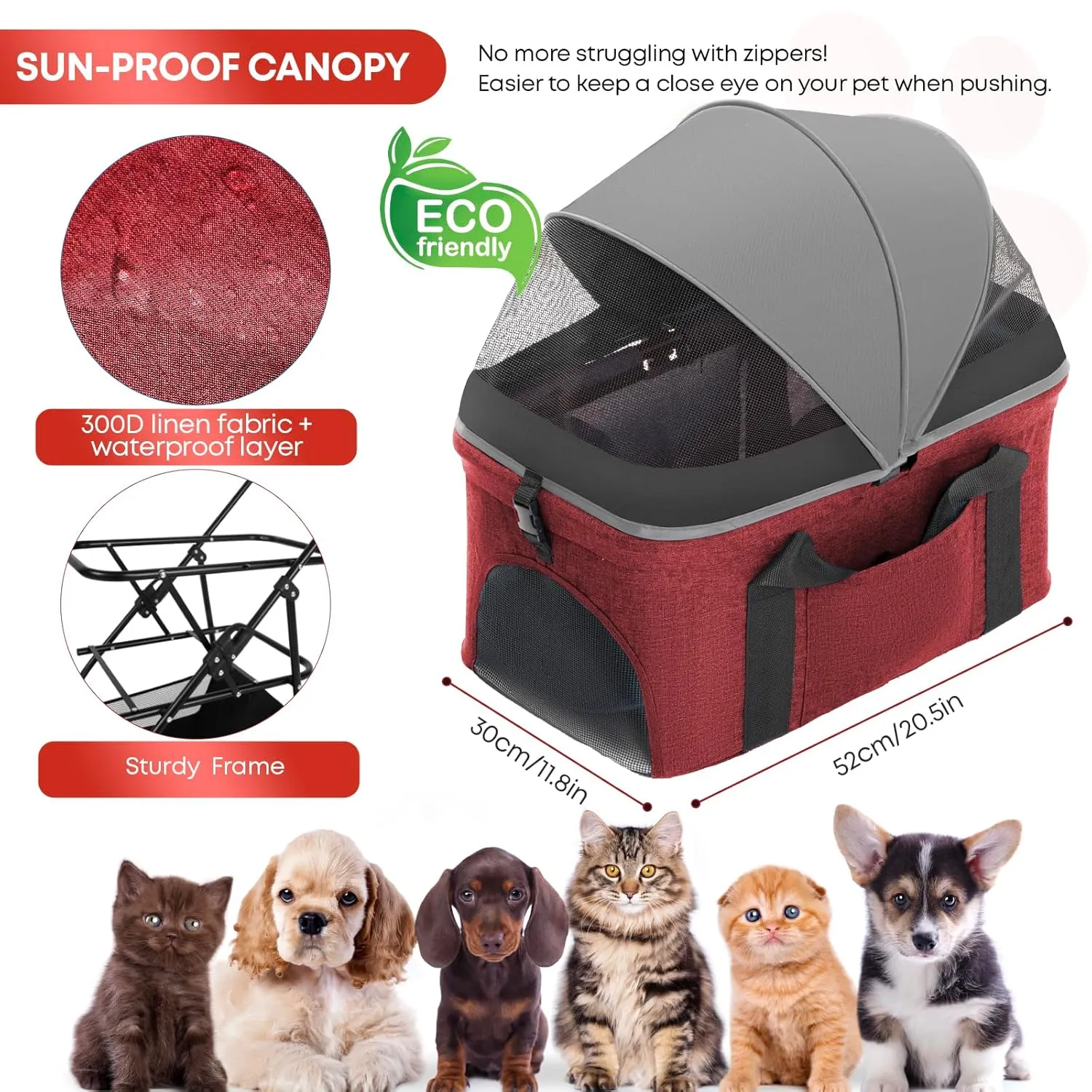 CHIHUAHUA 2-in-1 Foldable Pet Stroller with Canopy, 4 Wheels Pet Strolling Cart for Small/Medium Dogs and Cats with Removable Carrier,Breathable Mesh,Mom Tote Bag,Cup Holders,Easy Assembly,Grey Red