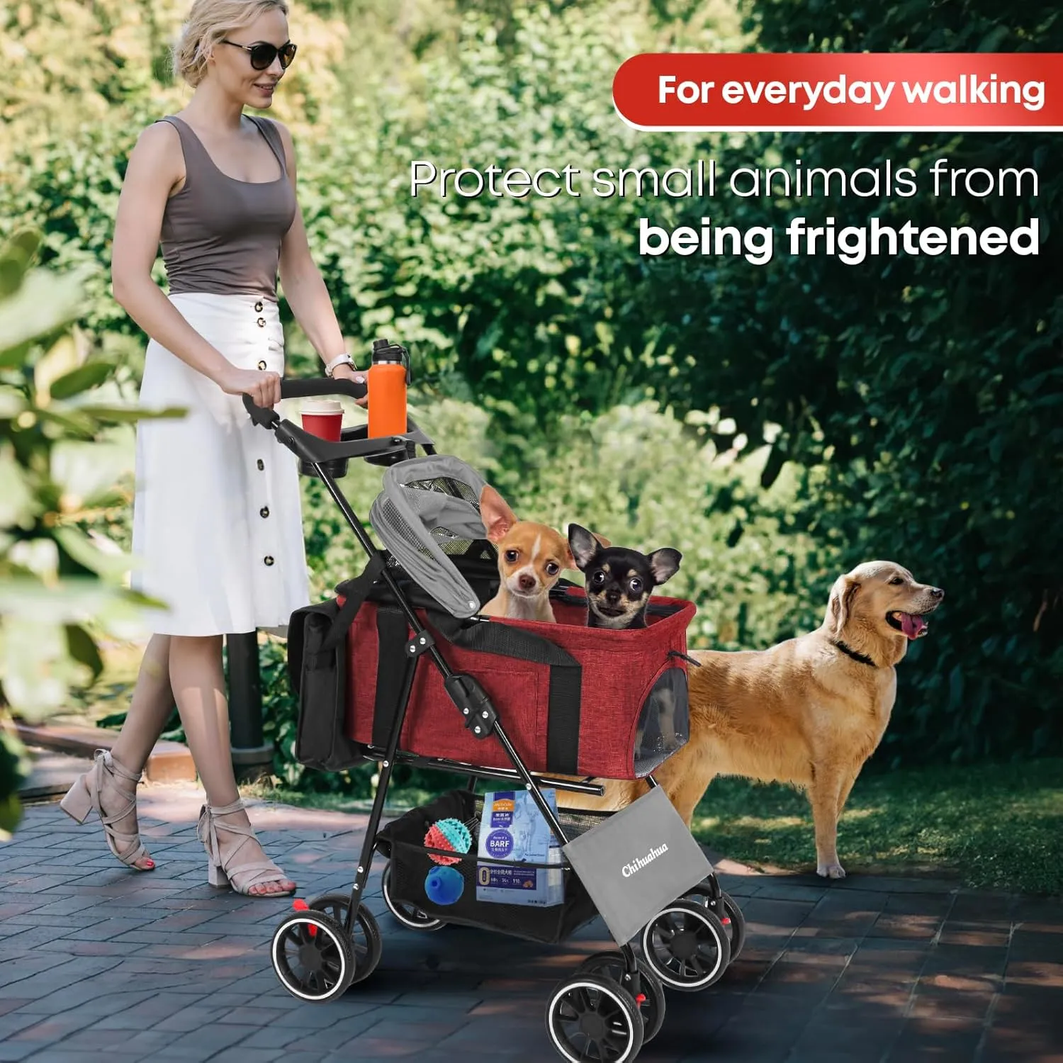 CHIHUAHUA 2-in-1 Foldable Pet Stroller with Canopy, 4 Wheels Pet Strolling Cart for Small/Medium Dogs and Cats with Removable Carrier,Breathable Mesh,Mom Tote Bag,Cup Holders,Easy Assembly,Grey Red