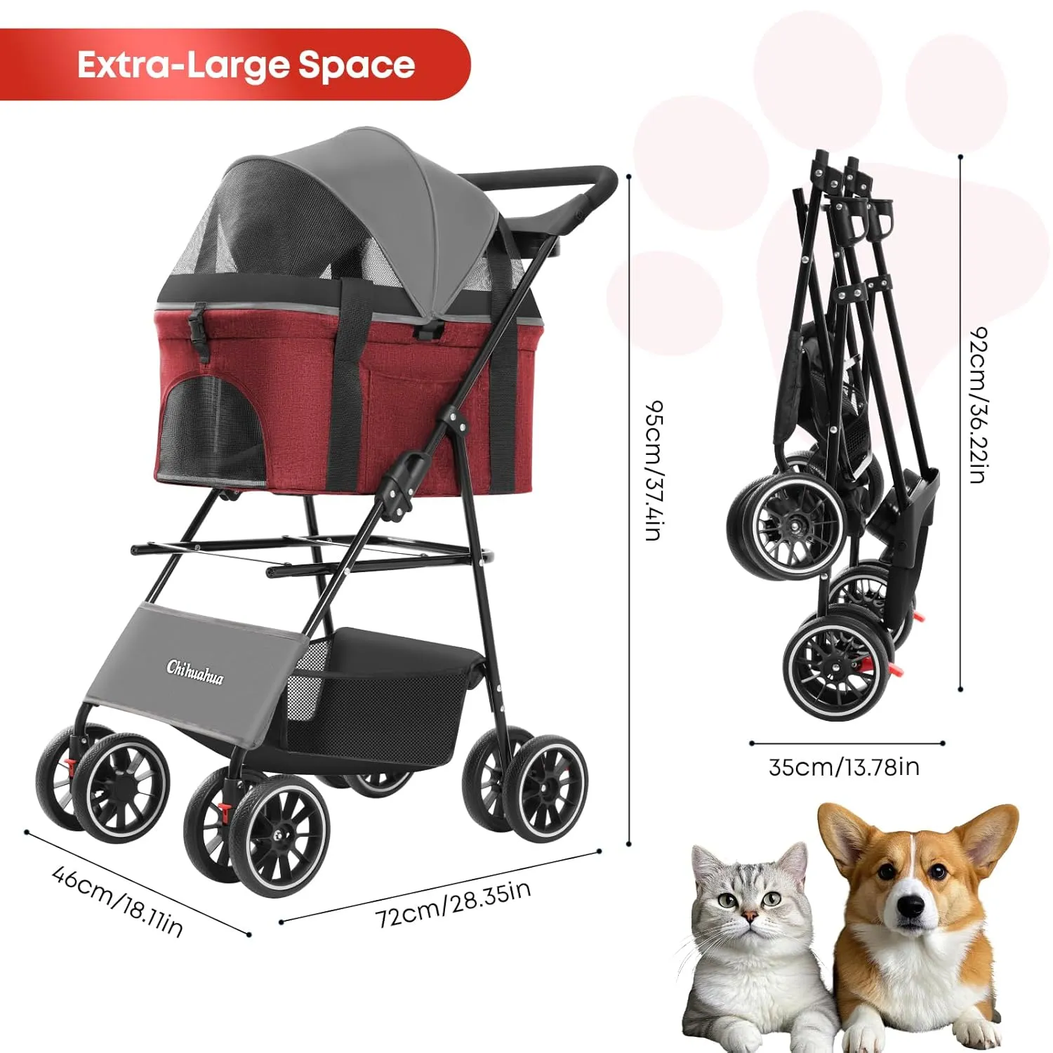 CHIHUAHUA 2-in-1 Foldable Pet Stroller with Canopy, 4 Wheels Pet Strolling Cart for Small/Medium Dogs and Cats with Removable Carrier,Breathable Mesh,Mom Tote Bag,Cup Holders,Easy Assembly,Grey Red