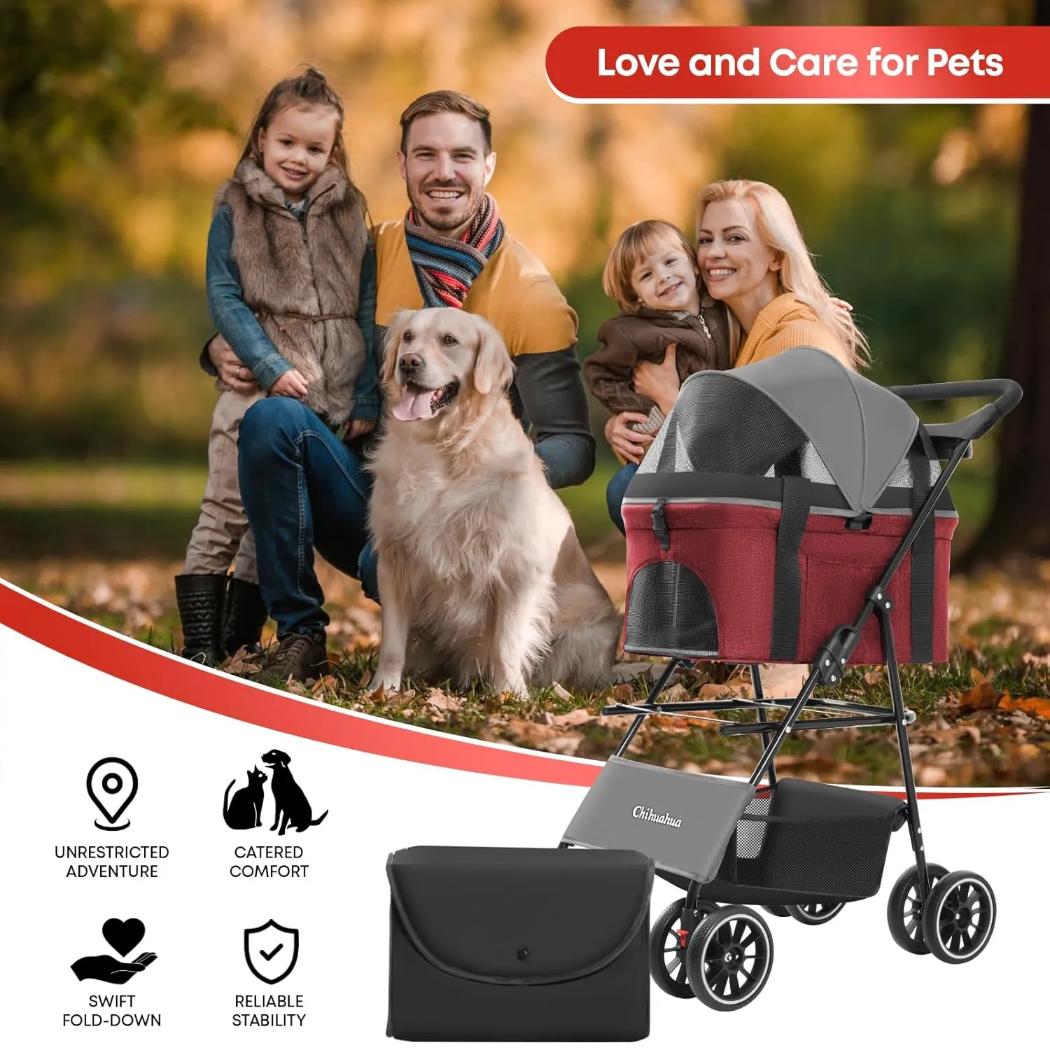 CHIHUAHUA 2-in-1 Foldable Pet Stroller with Canopy, 4 Wheels Pet Strolling Cart for Small/Medium Dogs and Cats with Removable Carrier,Breathable Mesh,Mom Tote Bag,Cup Holders,Easy Assembly,Grey Red