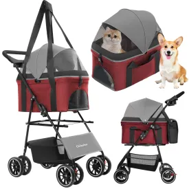 CHIHUAHUA 2-in-1 Foldable Pet Stroller with Canopy, 4 Wheels Pet Strolling Cart for Small/Medium Dogs and Cats with Removable Carrier,Breathable Mesh,Mom Tote Bag,Cup Holders,Easy Assembly,Grey Red
