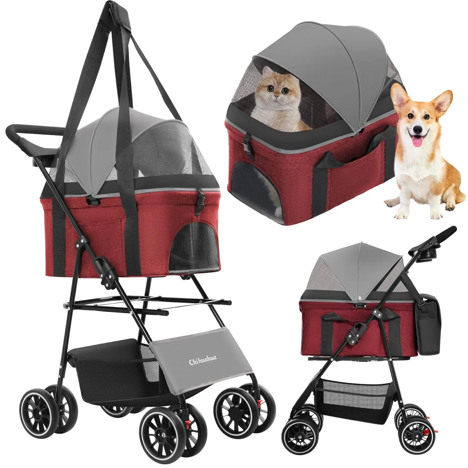 CHIHUAHUA 2-in-1 Foldable Pet Stroller with Canopy, 4 Wheels Pet Strolling Cart for Small/Medium Dogs and Cats with Removable Carrier,Breathable Mesh,Mom Tote Bag,Cup Holders,Easy Assembly,Grey Red