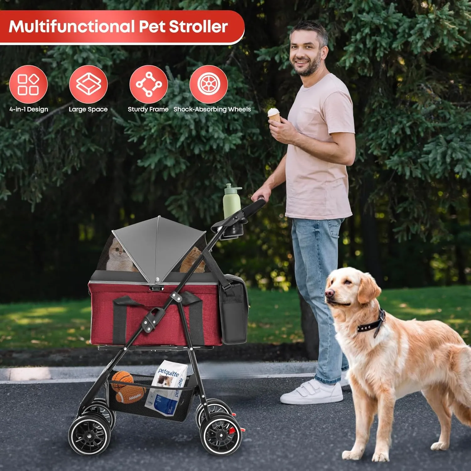 CHIHUAHUA 2-in-1 Foldable Pet Stroller with Canopy, 4 Wheels Pet Strolling Cart for Small/Medium Dogs and Cats with Removable Carrier,Breathable Mesh,Mom Tote Bag,Cup Holders,Easy Assembly,Grey Red