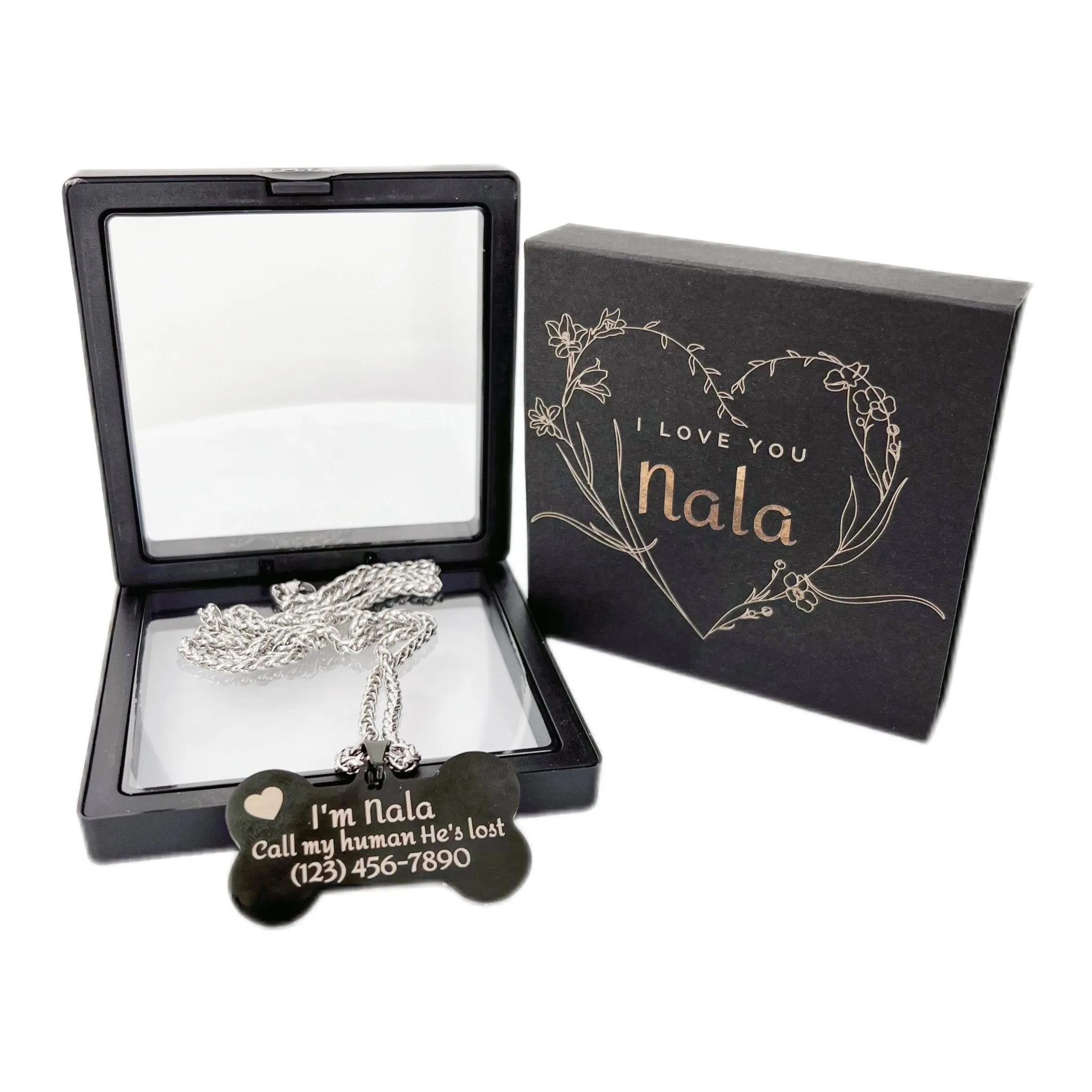 Custom Dog Tags, Bone Shape Stainless Steel with Chain and Box, 1.93x1.07 inch, Personalized Pets Engraved ID Name Plate