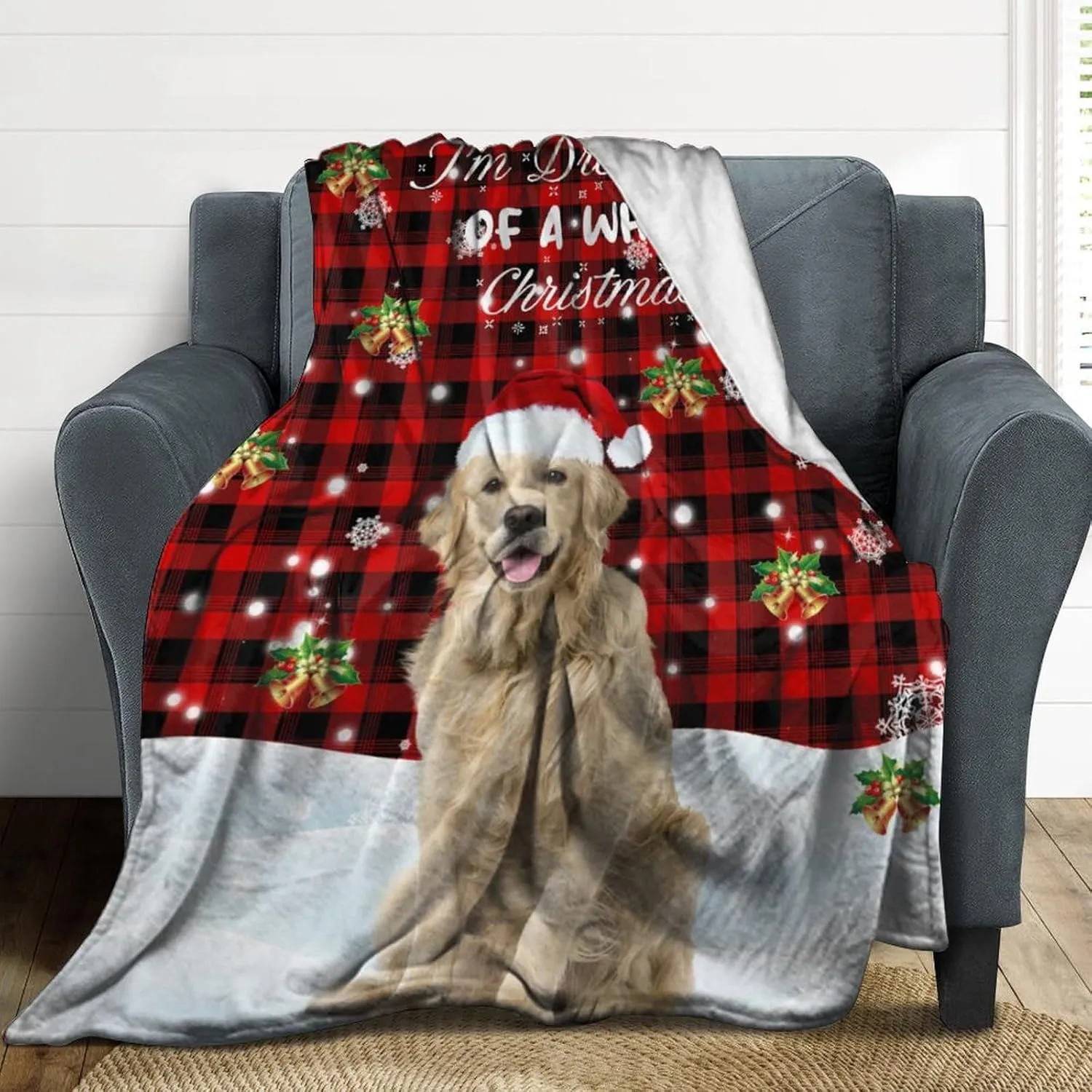 Custom Pet Photo Blanket, Personalized Christmas Fleece Throw with Dog's Name, Xmas Memorial Gift 50"x60"
