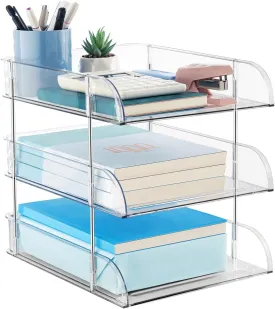 Desk Organizers and Storage, 3 Tier Clear Heightened Desk Organizer, Stackable Paper Tray Organizer for Document, Letter, A4 File Paper, Desk Accessories, Notes, Pens (Clear, 3 Pack)