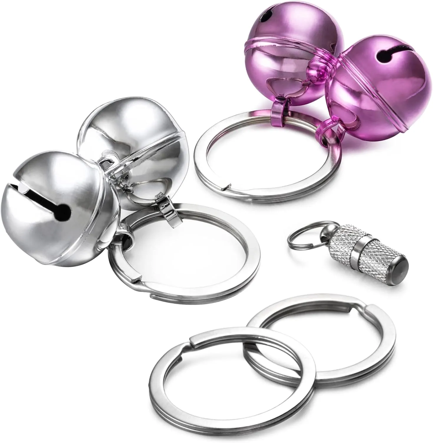 Dog and Cat Collar Bells Pink and Silver 4-Piece Combo Pet Tracker Round Handmade Copper with 4 Keyring Pendant Bells Loud Anti-Lost Training Bells