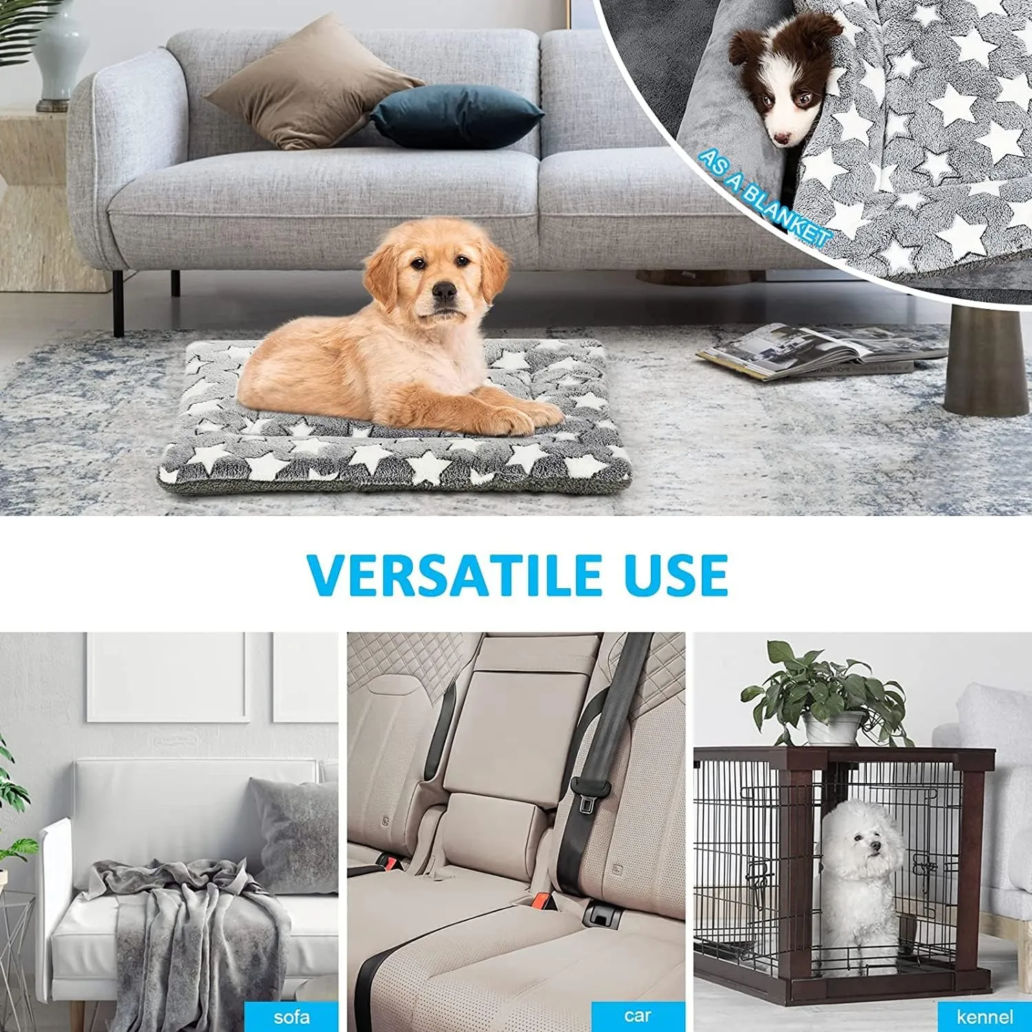 Dog Bed Mat, Pet Bed Pad Reversible, Machine Washable Crate Pad, Pet Sleeping Mat for Small to Large Dogs
