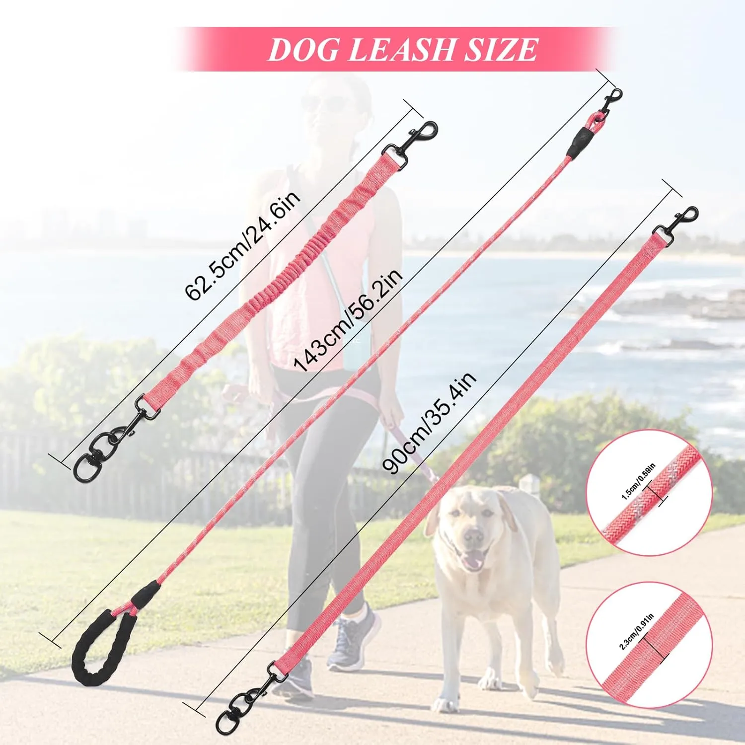 Dog Double Leashes,Rope Bungee Three Leash with Padded Handle Removable for 3 Dogs,Tangle-Free, Padded Handles, 360 Swivel Control (Pink, 5 Way)