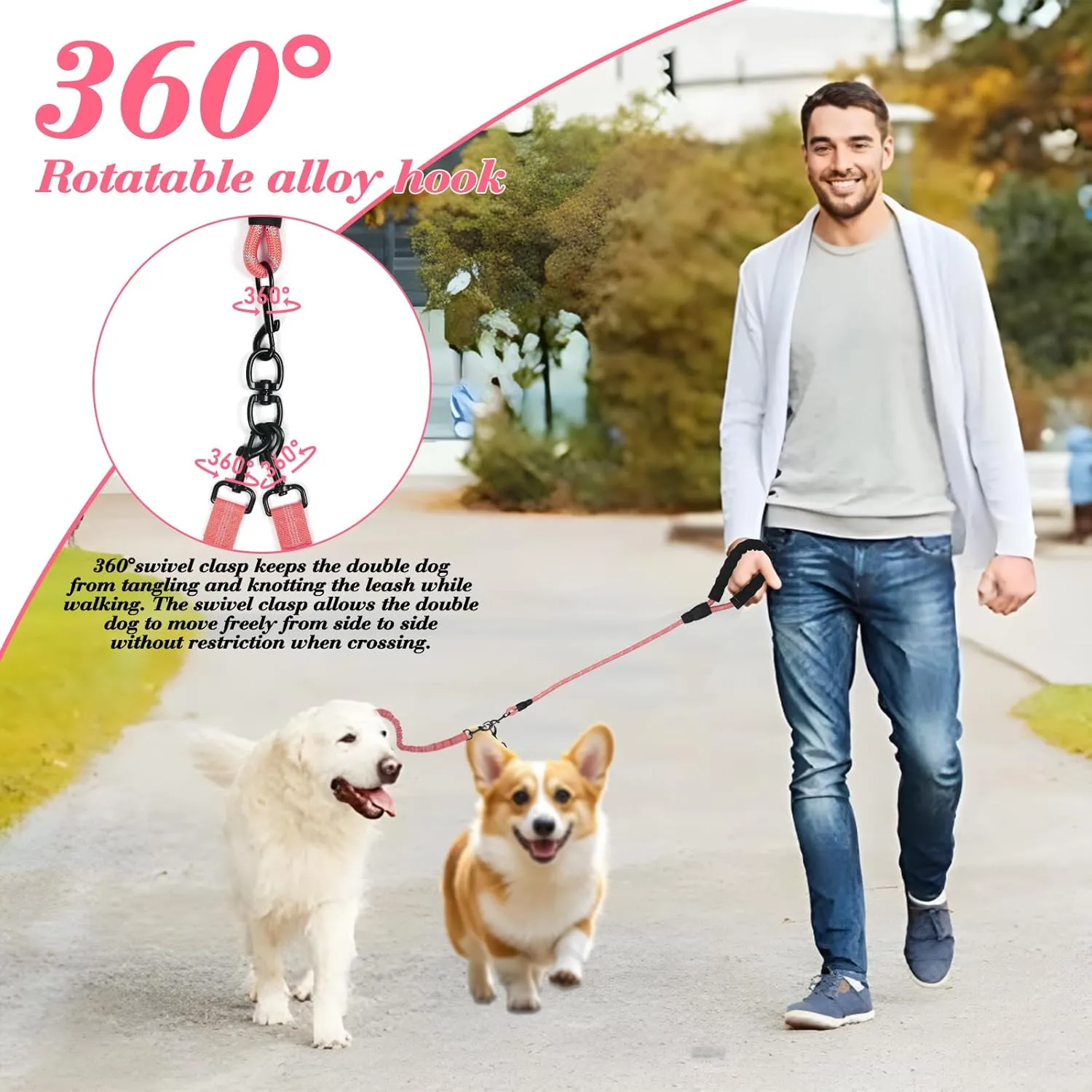 Dog Double Leashes,Rope Bungee Three Leash with Padded Handle Removable for 3 Dogs,Tangle-Free, Padded Handles, 360 Swivel Control (Pink, 5 Way)