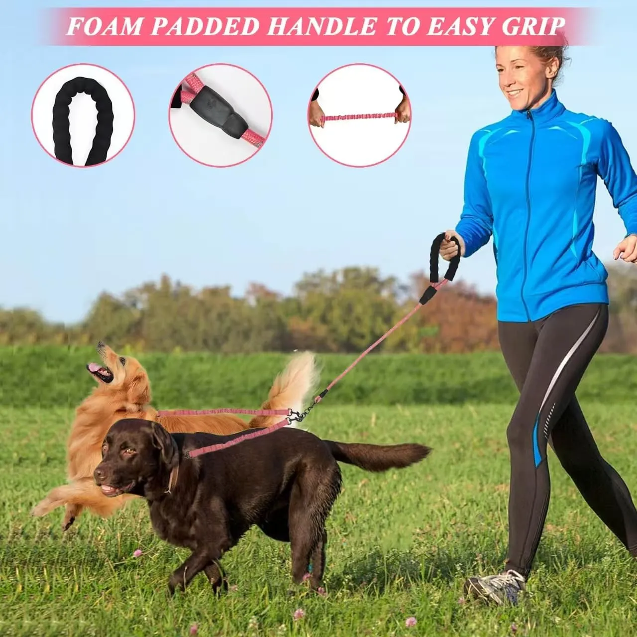 Dog Double Leashes,Rope Bungee Three Leash with Padded Handle Removable for 3 Dogs,Tangle-Free, Padded Handles, 360 Swivel Control (Pink, 5 Way)