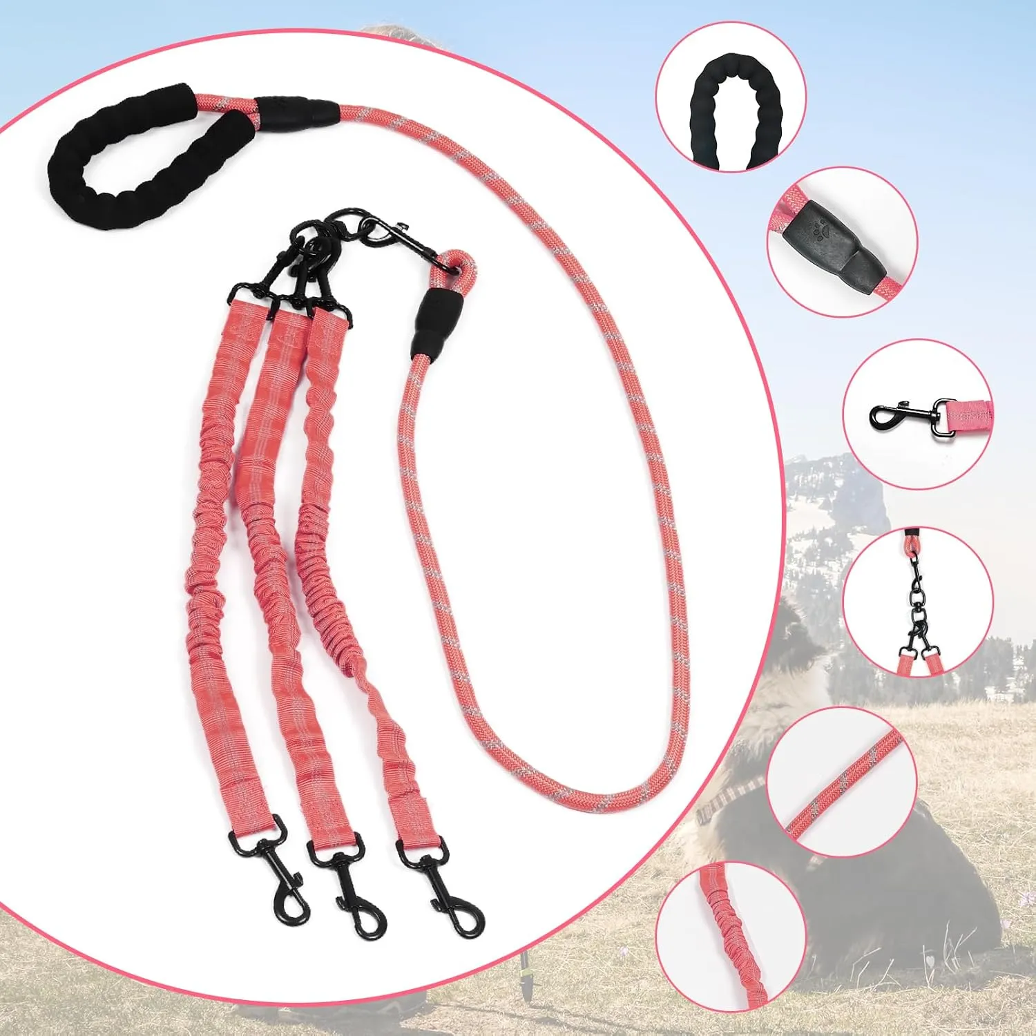 Dog Double Leashes,Rope Bungee Three Leash with Padded Handle Removable for 3 Dogs,Tangle-Free, Padded Handles, 360 Swivel Control (Pink, 5 Way)