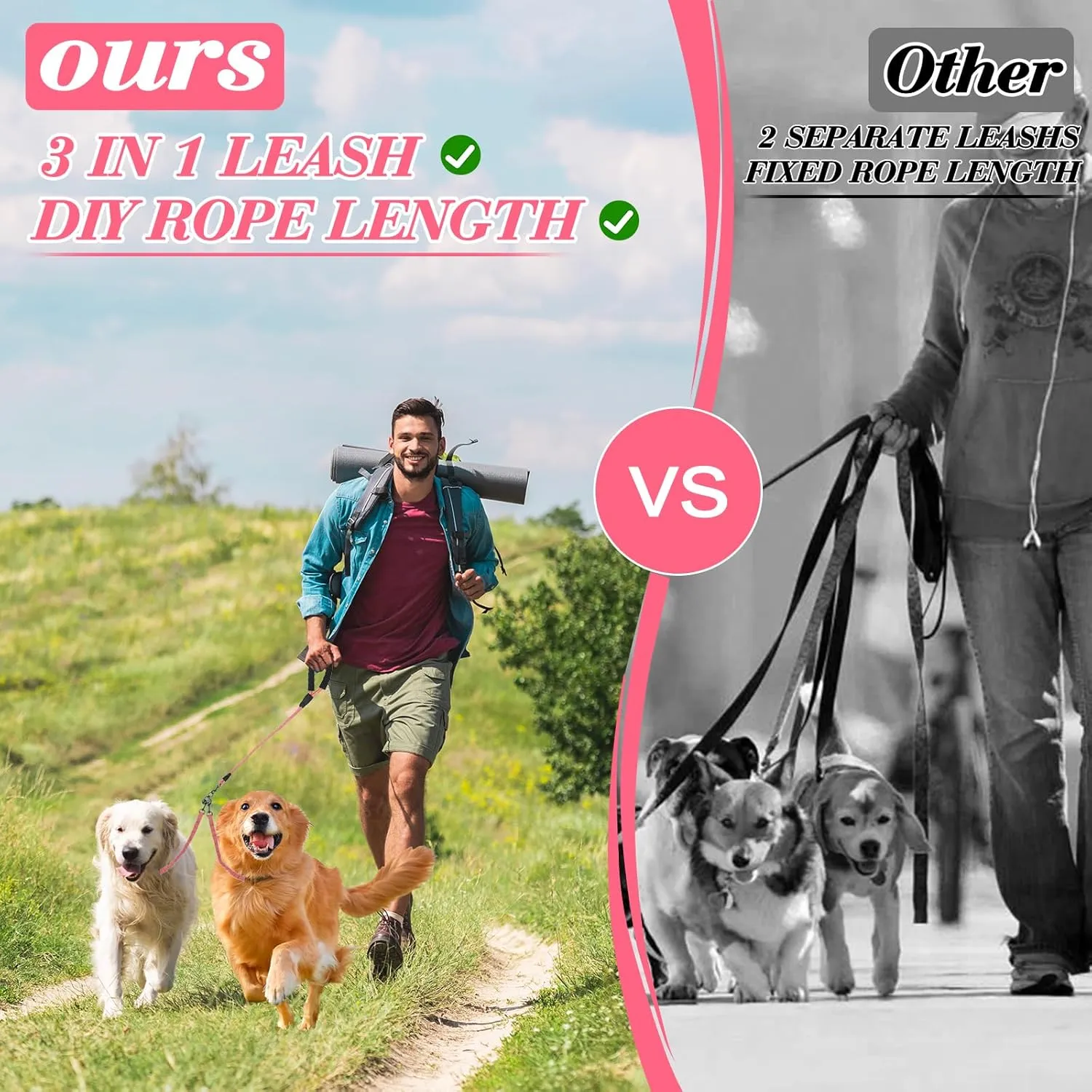 Dog Double Leashes,Rope Bungee Three Leash with Padded Handle Removable for 3 Dogs,Tangle-Free, Padded Handles, 360 Swivel Control (Pink, 5 Way)