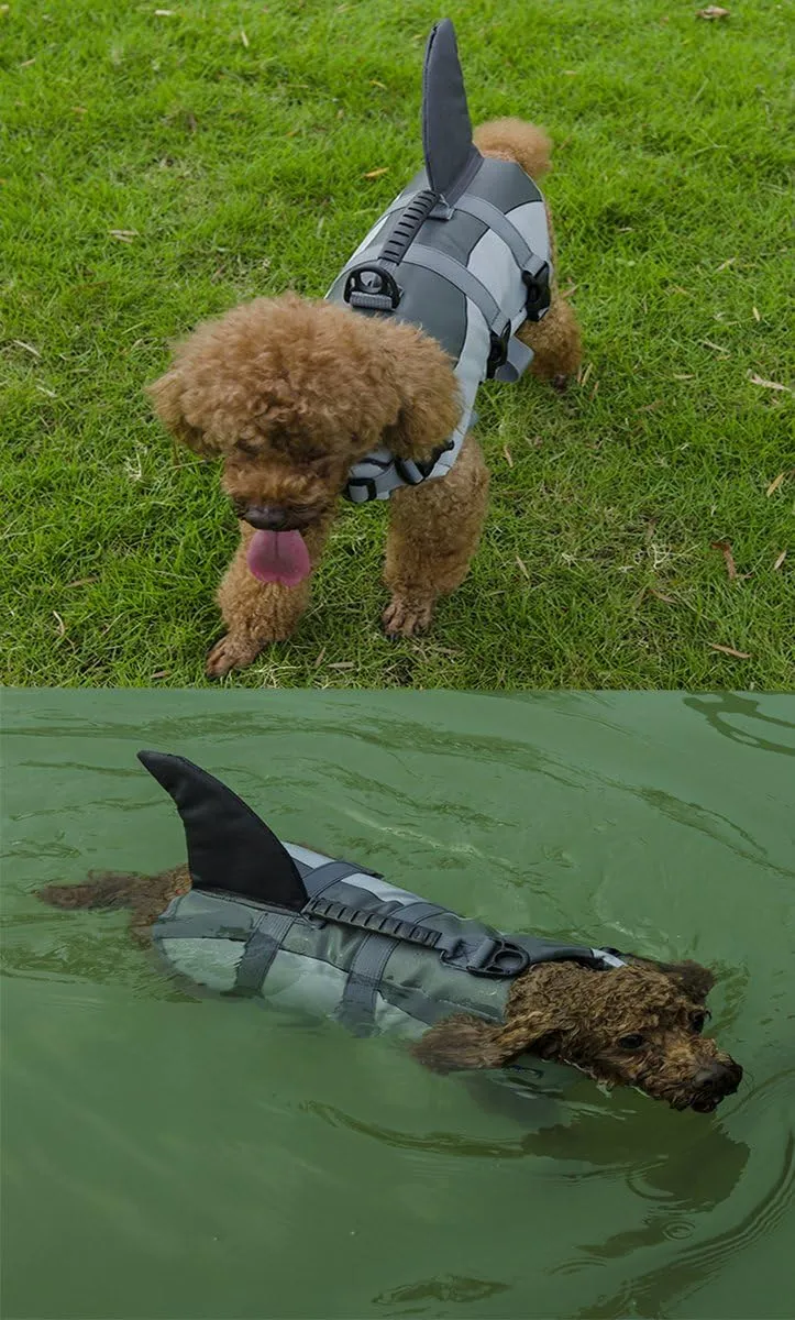 Dog Life Jacket - Grey, Medium, Animal Print, Quick-Drying Mesh, Waterproof, Adjustable, Safety Handle, For Dogs 15  lbs