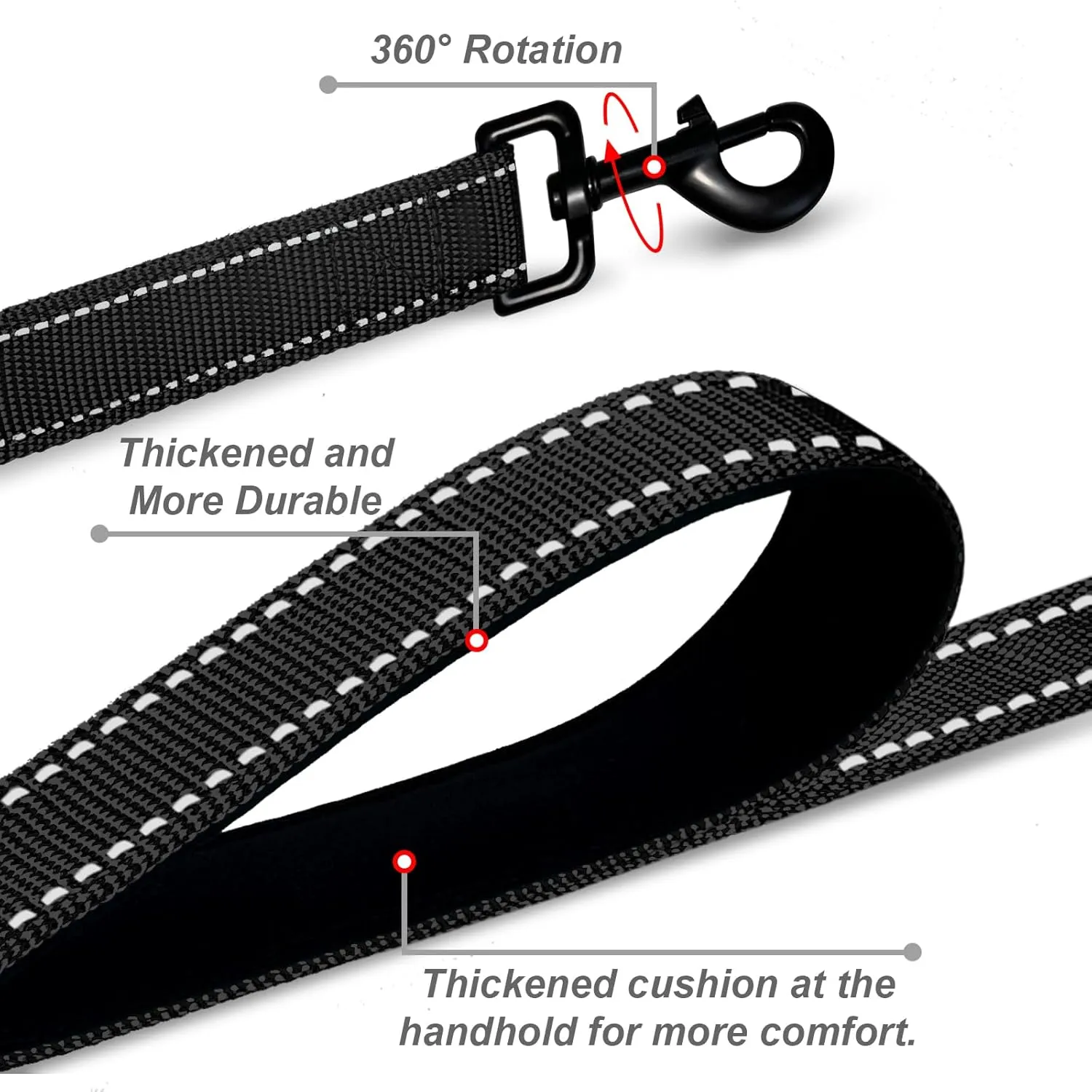 Double-Sided Reflective Dog Leash, 5 FT Padded Handle Nylon Dogs Leashes for Medium & Large Dogs Walking, Reinforced Reflective Buckle Dog Collar, Black, Large