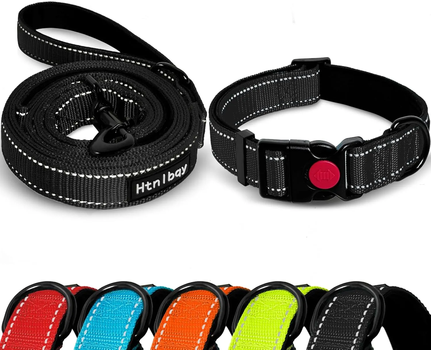 Double-Sided Reflective Dog Leash, 5 FT Padded Handle Nylon Dogs Leashes for Medium & Large Dogs Walking, Reinforced Reflective Buckle Dog Collar, Black, Large