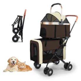 Eanpet Pet Stroller for 2 Dogs & 2 Cats 4Wheels Double Dog Strollers with Detachable Carriers Foldable Pet Travel Jogger Stroller Removable Cat Carrier Bag for Small Medium Dogs 40 lbs,Coffee