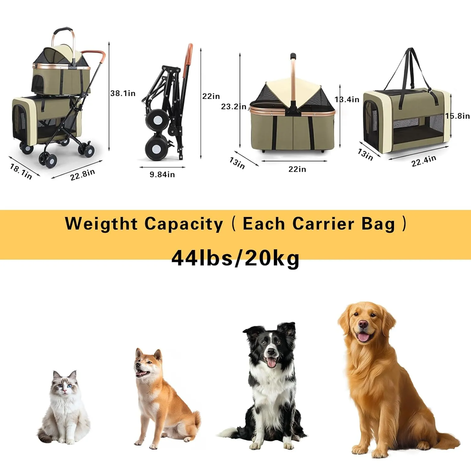 Eanpet Pet Stroller for 2 Dogs & 2 Cats 4Wheels Double Dog Strollers with Detachable Carriers Foldable Pet Travel Jogger Stroller Removable Cat Carrier Bag for Small Medium Dogs 40 lbs,Coffee