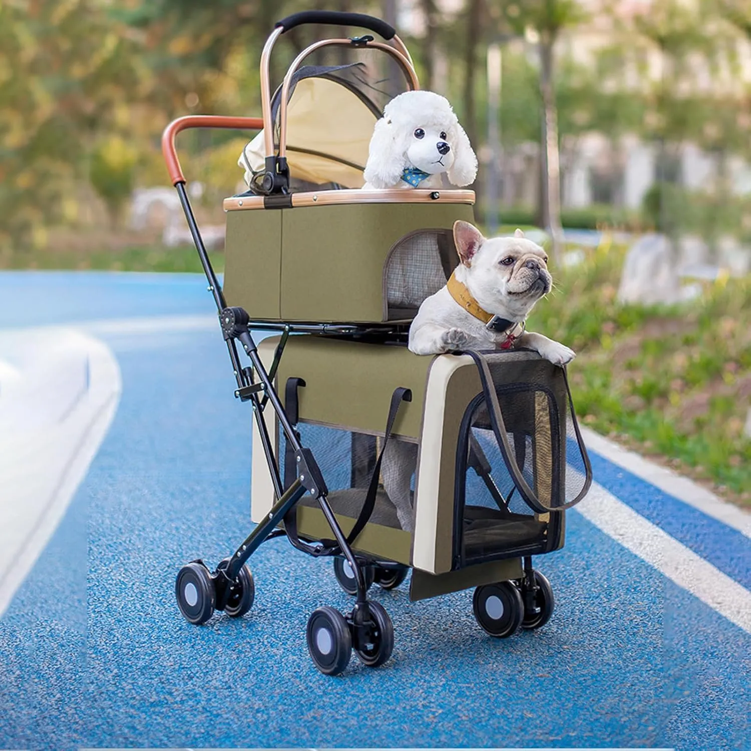 Eanpet Pet Stroller for 2 Dogs & 2 Cats 4Wheels Double Dog Strollers with Detachable Carriers Foldable Pet Travel Jogger Stroller Removable Cat Carrier Bag for Small Medium Dogs 40 lbs,Coffee