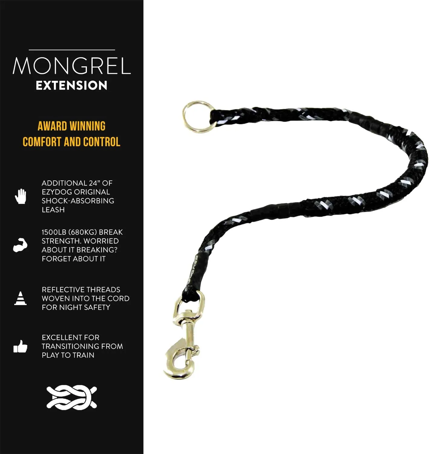 EzyDog Mongrel Bungee Dog Leash Rope Extension - 24 Inch Shock-Aborbing Leash - Works with The Mongrel Leash (Sold Separately) - Use Two for a Tangle-Free Double Dog Leash (Black)