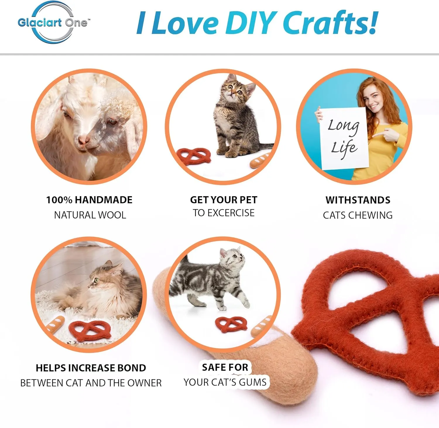 Glaciart One Catnip Chew Toys for Cats & Kittens - Bread Stick & Pretzel Shapes - Fun & Cute Catnip Toys for Kittens, for Teething Chew, Biting - Pet Cat Birthday Gift