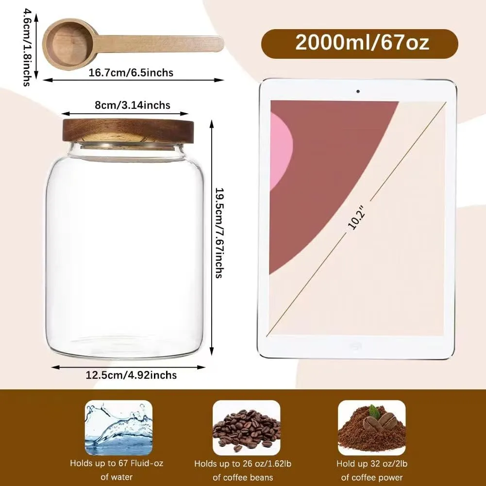 Glass Coffee Storage Jar with Lids Scoop Thicken Glass Coffee Canister Borosilicate Glass Food Containers for Ground Coffee Beans Nut Pasta Sugar Candy Spice Rice Loose Tea