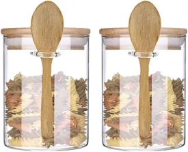 Glass Jar Containers with Bamboo Airtight Lid Wooden Spoon Scoop Food Storage Canister Clear Glass Containers Kitchen Organization Jars 2 Pcs 18.5 OZ
