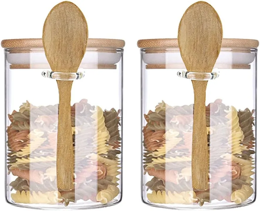 Glass Jar Containers with Bamboo Airtight Lid Wooden Spoon Scoop Food Storage Canister Clear Glass Containers Kitchen Organization Jars 2 Pcs 18.5 OZ