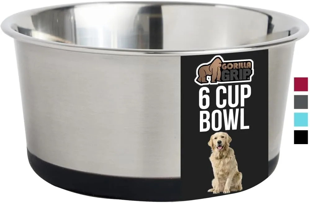 GORILLA GRIP Stainless Steel Metal Dog Bowl, Rubber Base, Heavy Duty Feeding Dish, Food Grade BPA Free, Less Sliding, Quiet Pet Bowl for Cats and Dogs, Holds 6 Cups (48 fl oz), Black