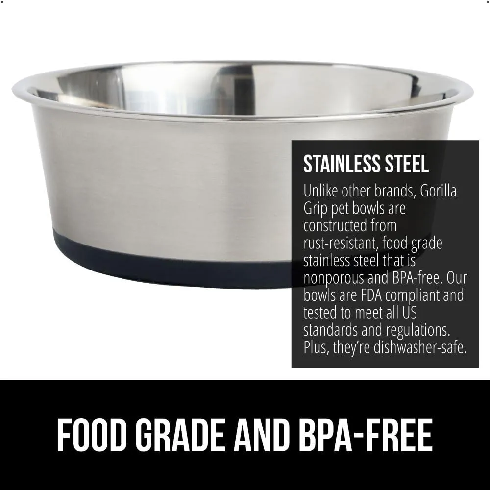 GORILLA GRIP Stainless Steel Metal Dog Bowl, Rubber Base, Heavy Duty Feeding Dish, Food Grade BPA Free, Less Sliding, Quiet Pet Bowl for Cats and Dogs, Holds 6 Cups (48 fl oz), Black