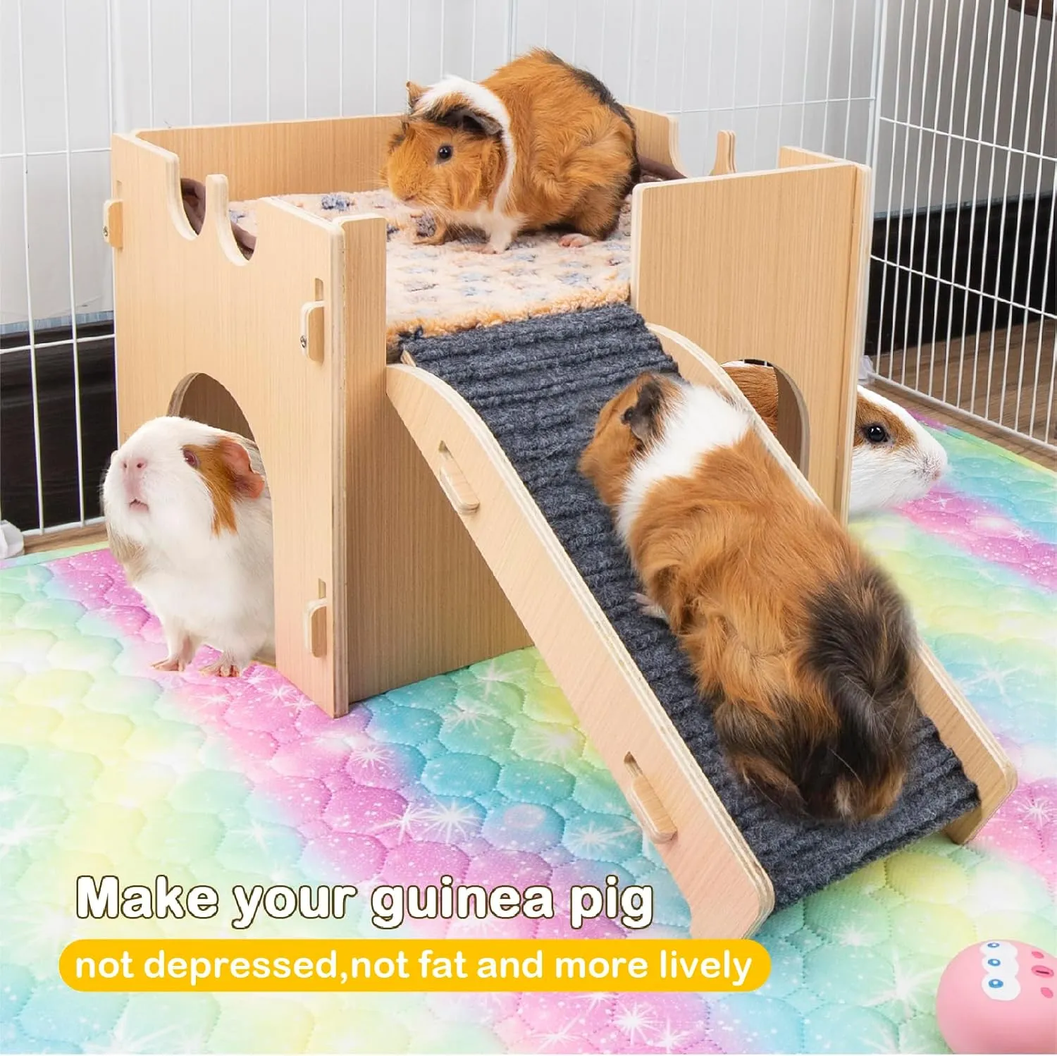 Guinea Pig Hideout,Wooden Guinea Pig Castle with Stairs,Small Animal Houses Habitats for Guinea Pigs Hamsters Bunny Chinchillas Hedgehogs 15L x 10W x 10H in