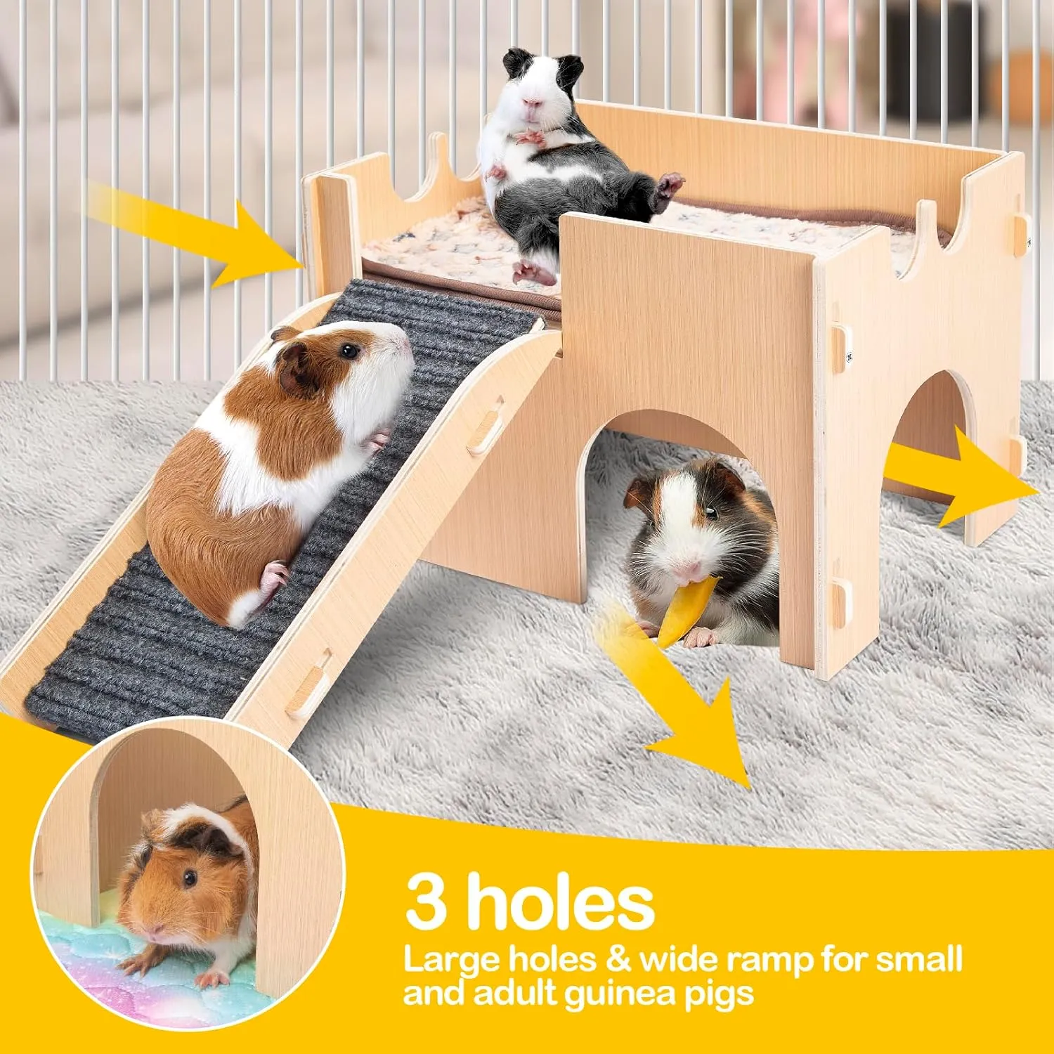 Guinea Pig Hideout,Wooden Guinea Pig Castle with Stairs,Small Animal Houses Habitats for Guinea Pigs Hamsters Bunny Chinchillas Hedgehogs 15L x 10W x 10H in
