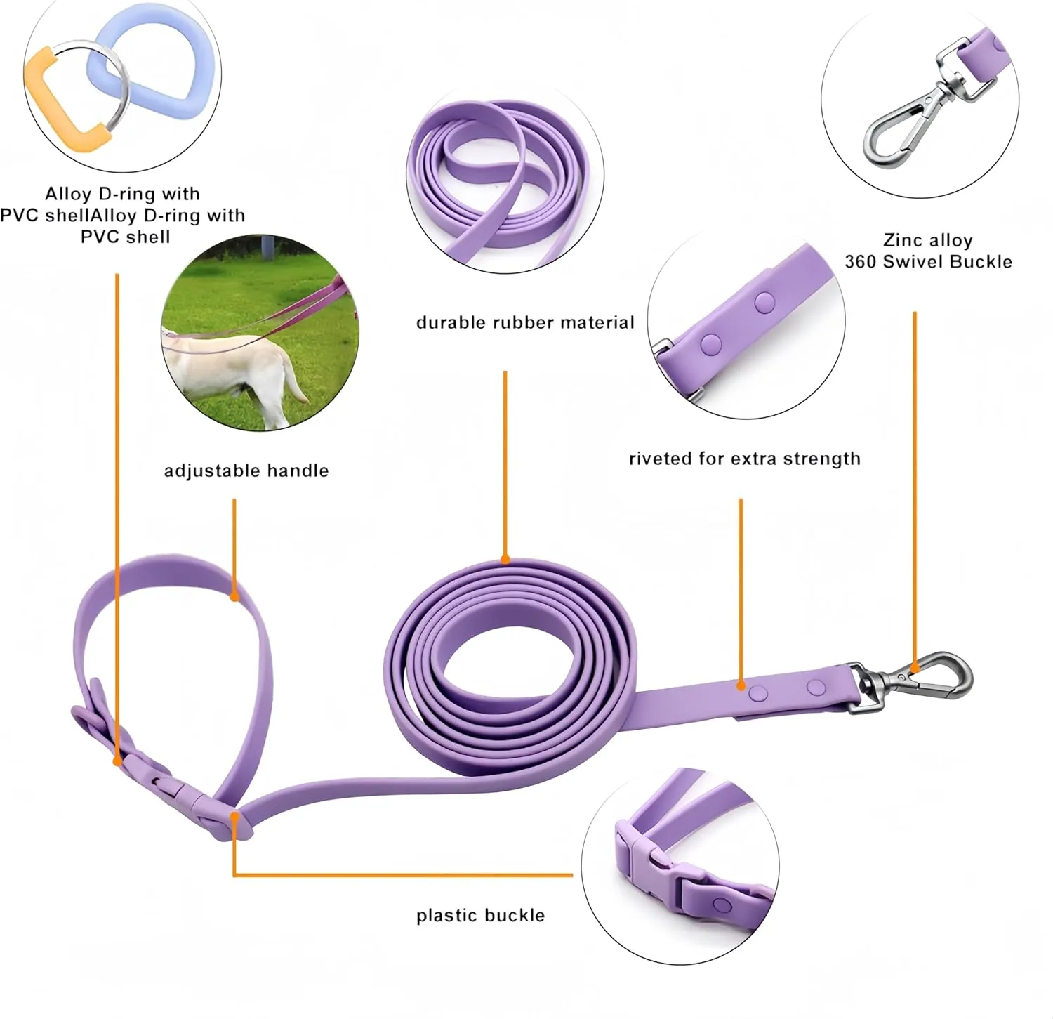 Hands Free Dog Leash, 4-7.5 FT PVC Waterproof Multifunctional Dog Leash Adjustable Lengths for Handless Walking Training Running with Cross Body, Over Shoulder, Waist and Belt Leash (Pale Purple)