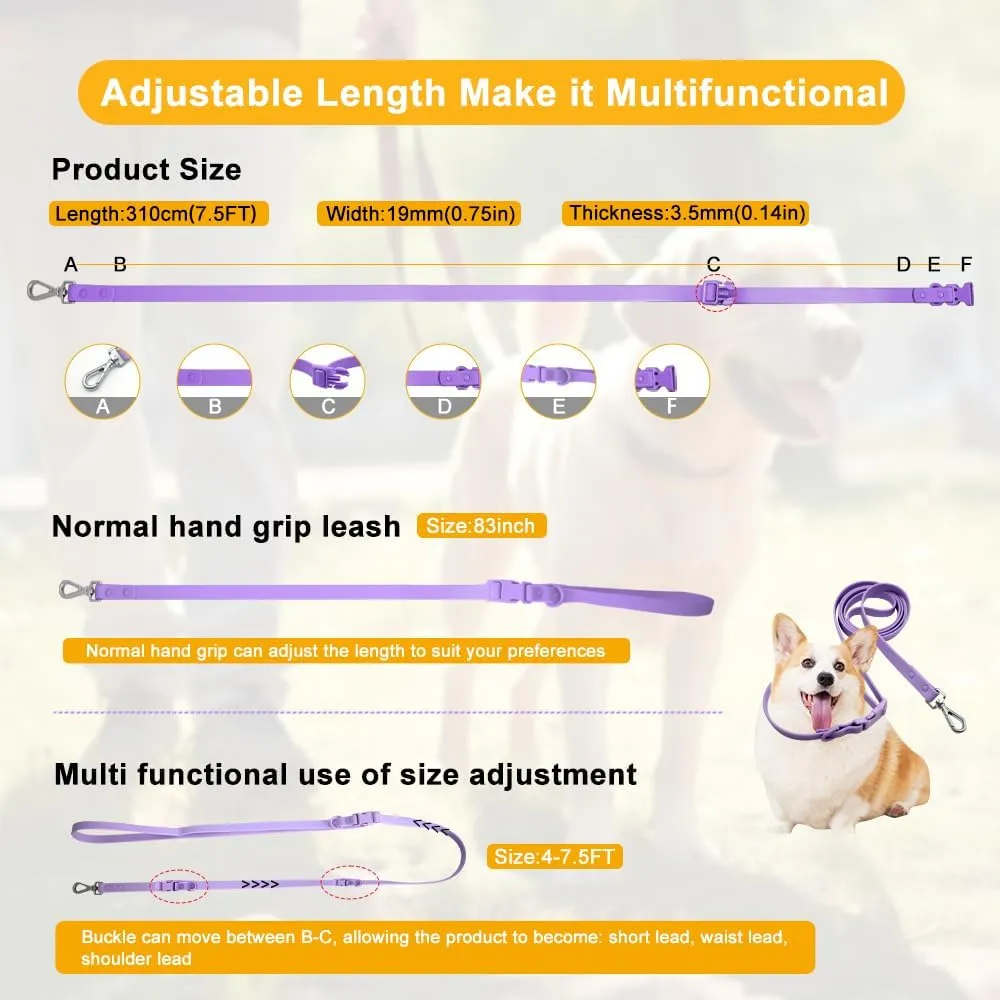 Hands Free Dog Leash, 4-7.5 FT PVC Waterproof Multifunctional Dog Leash Adjustable Lengths for Handless Walking Training Running with Cross Body, Over Shoulder, Waist and Belt Leash (Pale Purple)