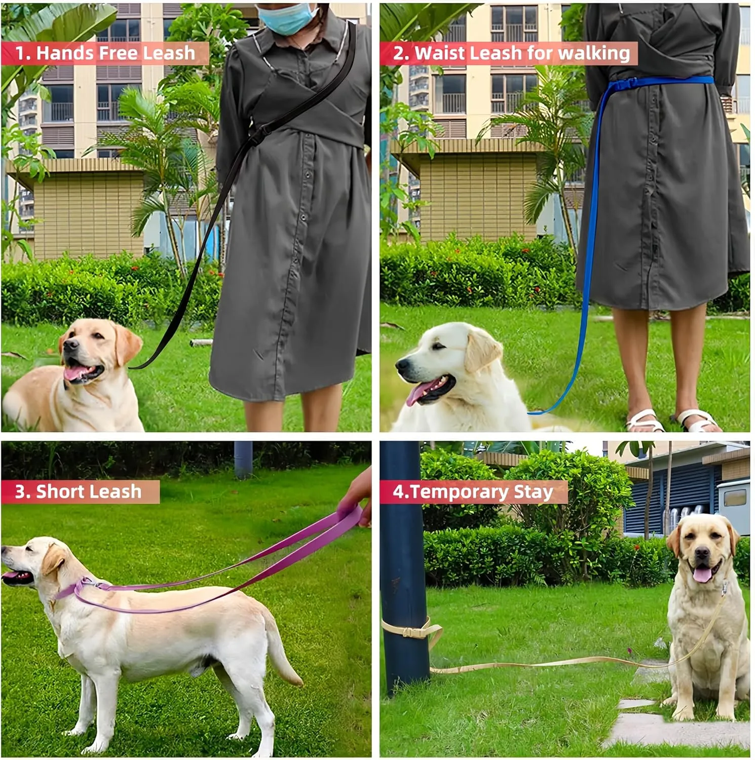 Hands Free Dog Leash, 4-7.5 FT PVC Waterproof Multifunctional Dog Leash Adjustable Lengths for Handless Walking Training Running with Cross Body, Over Shoulder, Waist and Belt Leash (Pale Purple)